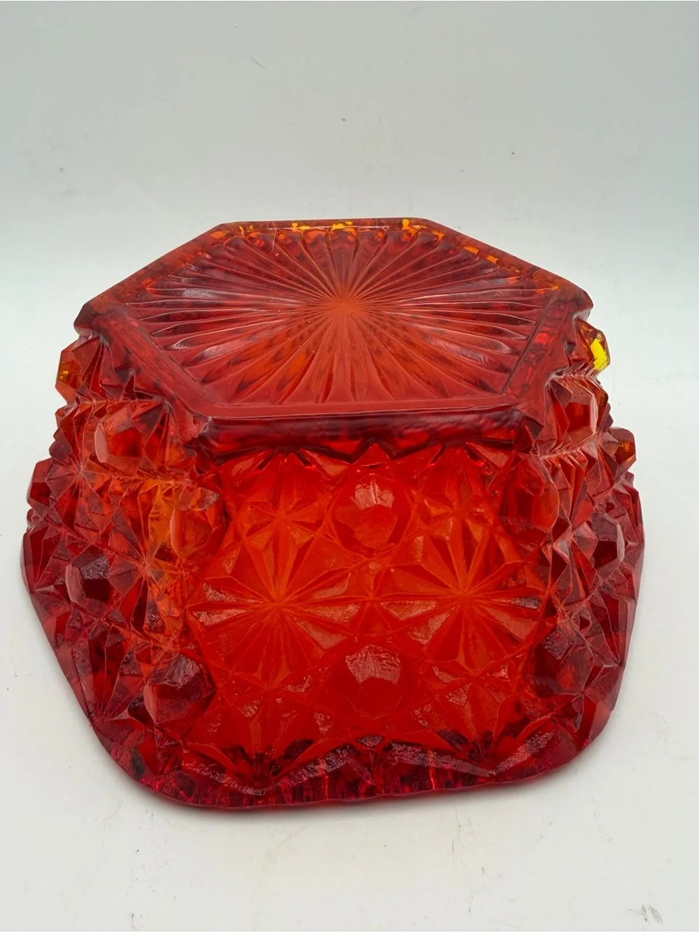 LE Smith DAISY & BUTTON Amberina / Orange Glass Bowl or Nut Dish Hexagon
